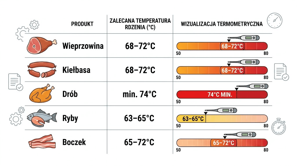 Temperatura wewnętrzna wędlin - tabela docelowa dla mięs, drobiu i ryb
