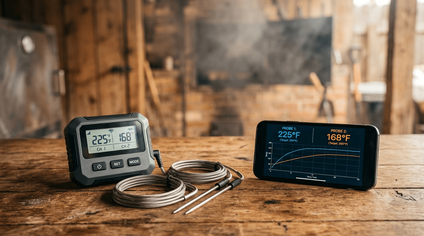 Product photography of a WiFi smoking thermometer with two coiled stainless-steel temperature probes beside it, and a sm