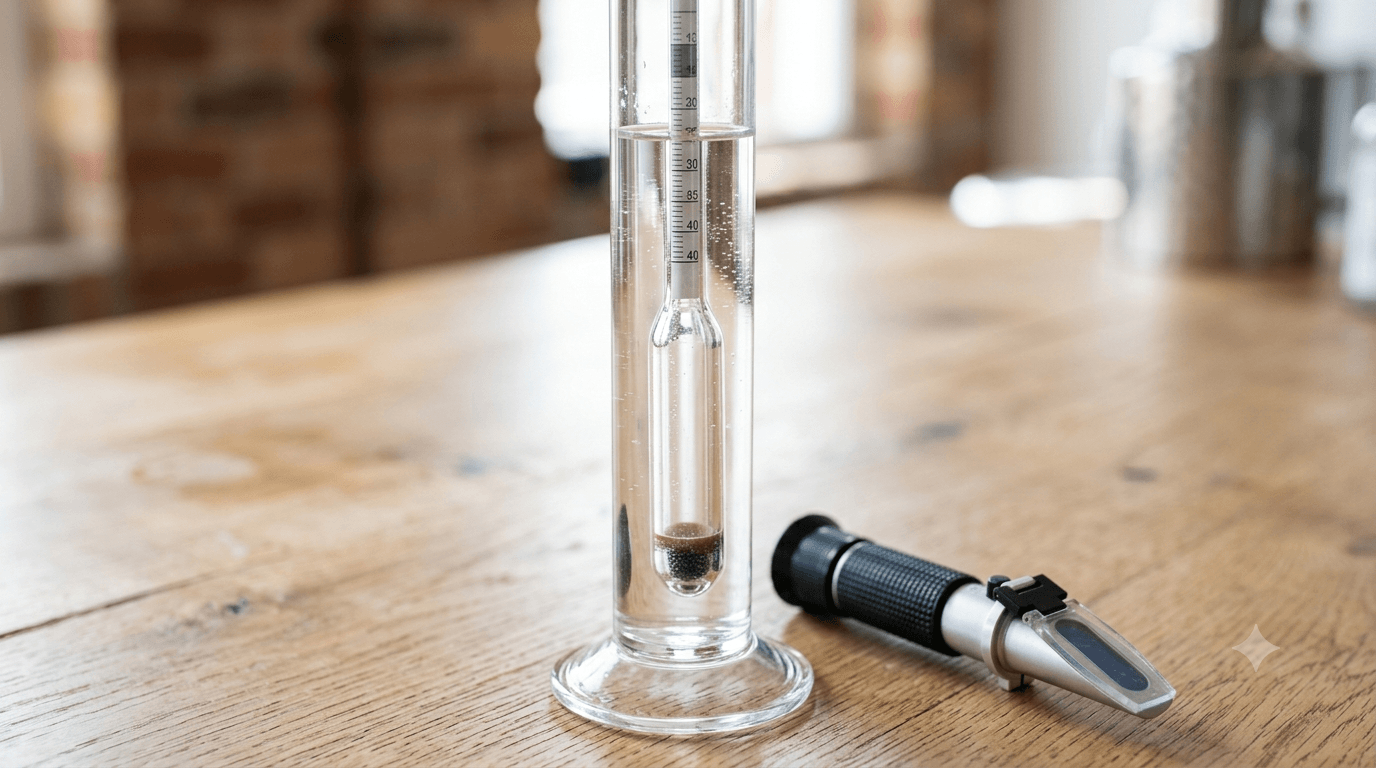 Professional photography of an alcoholometer (glass hydrometer) floating in a tall glass cylinder of clear spirit, close