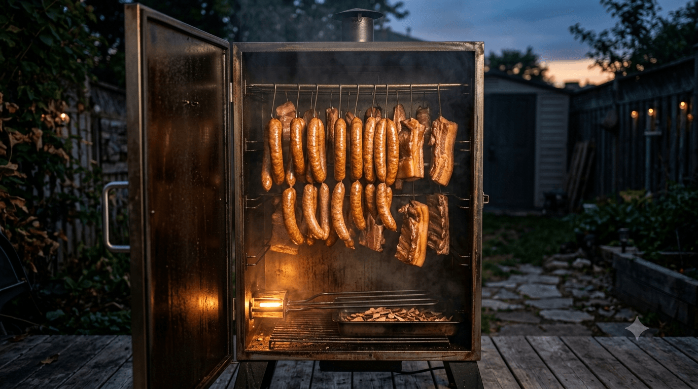 Professional photography of an open electric home smoker cabinet with sausages and cuts of meat hanging inside on hooks,