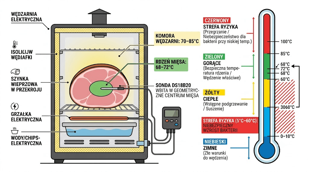 Techniczny schemat w przekroju: szynka w wędzarni elektrycznej z zaznaczonymi strefami temperatur - komora 70–85°C, rdze