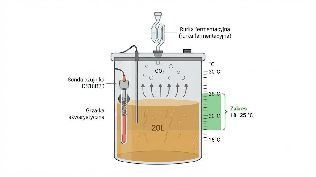 Techniczny schemat w przekroju: zbiornik fermentacyjny 20-litrowy z zaznaczoną strefą temperaturową 18–25 °C, czujnik DS