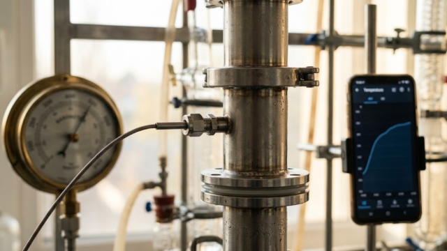 Photorealistic close-up of the upper part of a stainless steel reflux column with a thin temperature probe inserted into