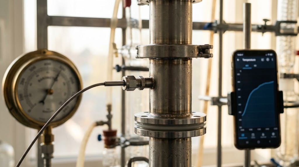 Photorealistic close-up of the upper part of a stainless steel reflux column with a thin temperature probe inserted into