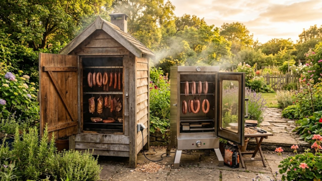 Photorealistic image of a wooden electric smokehouse and a stainless steel electric smoker standing side by side in a ga