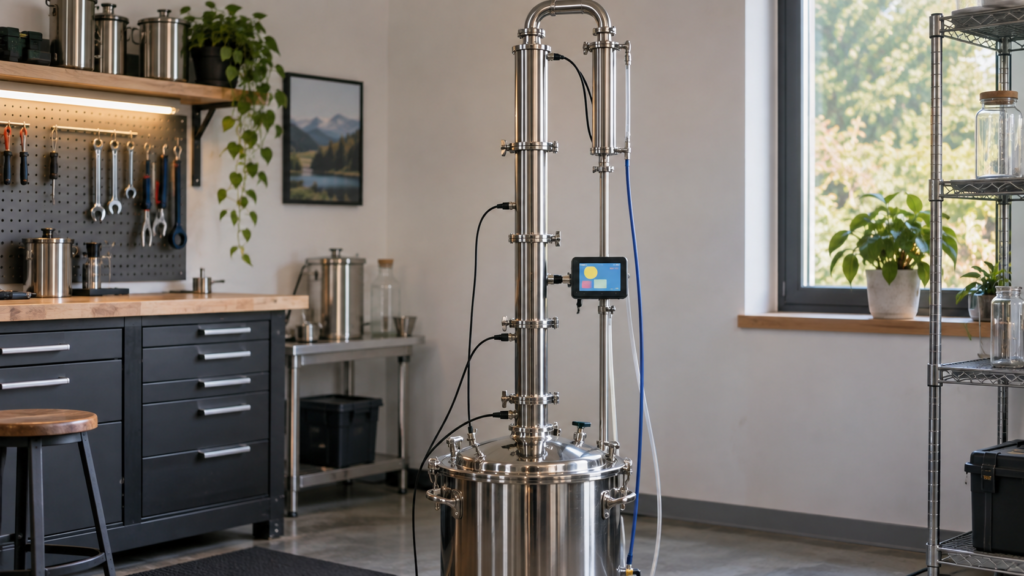 Photorealistic photo of a stainless steel reflux column with several thin temperature probe cables attached at different
