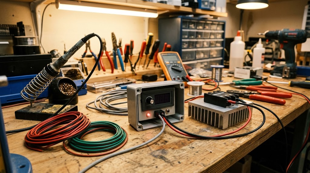 Photorealistic workbench scene with a small industrial temperature regulator module, a solid state relay on a finned alu