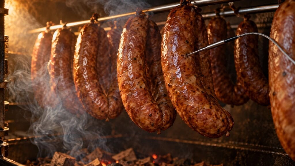 Kiełbasy wiszące w komorze wędzarni z wbitą sondą temperatury rdzenia